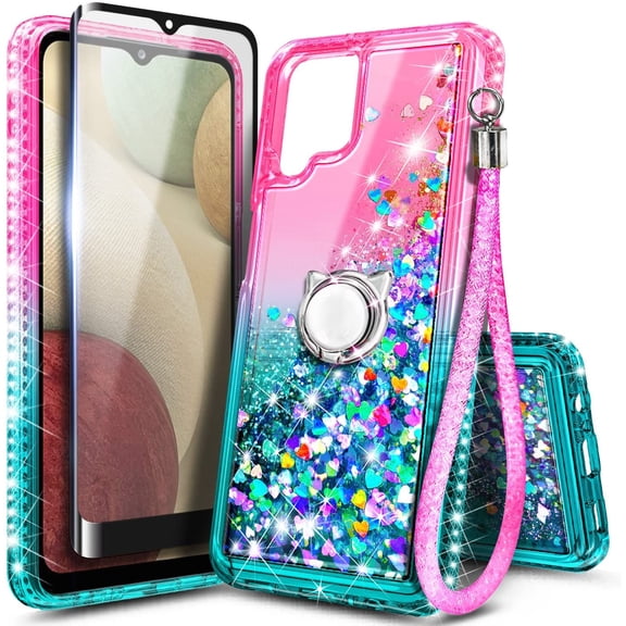 Nagebee Case for Samsung Galaxy A12 5G with Tempered Glass Screen Protector (Full Coverage), Sparkle Glitter Liquid Bling Diamond [Ring Holder & Wrist Strap] Women Girls Cute Case (Pink/Aqua)