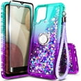 thumbnail image 1 of Nagebee Case for Samsung Galaxy A12 5G with Tempered Glass Screen Protector (Full Coverage), Sparkle Glitter Liquid Bling Diamond [Ring Holder & Wrist Strap] Women Girls Cute Case (Aqua/Purple), 1 of 7
