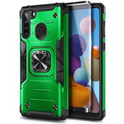 Nagebee Case for Samsung Galaxy A21 with Tempered Glass Screen Protector (Full Coverage), Full-Body Protective [Military-Grade], Magnetic Car Mount Ring Holder, Heavy-Duty Durable Case (Green)