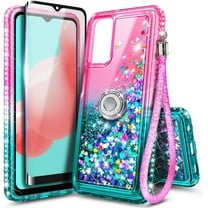 Nagebee Case for Samsung Galaxy A32 5G with Tempered Glass Screen Protector (Full Coverage), Sparkle Glitter Liquid Bling Diamond [Ring Holder & Wrist Strap] Women Girls Cute Case (Pink/Aqua)