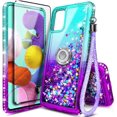 thumbnail image 1 of Nagebee Case for Samsung Galaxy A51 4G with Tempered Glass Screen Protector (Full Coverage), Sparkle Glitter Liquid Bling Diamond [Ring Holder & Wrist Strap] Women Girls Cute Case (Aqua/Purple), 1 of 6