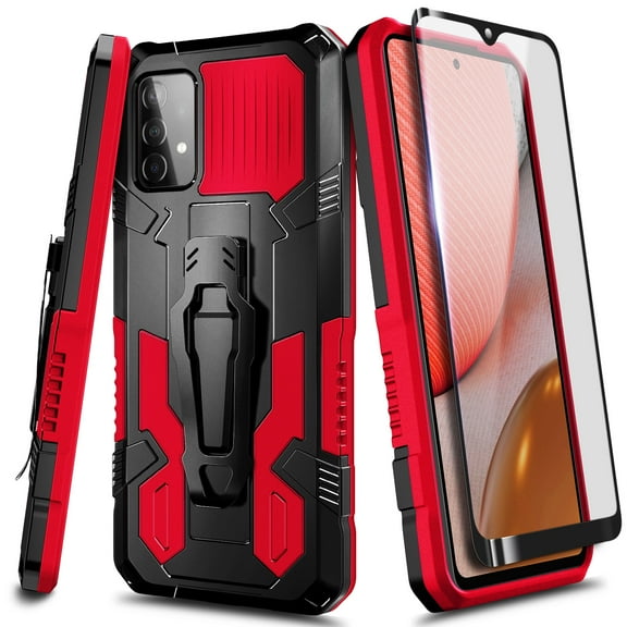 Nagebee Case for Samsung Galaxy A52 5G with Tempered Glass Screen Protector (Full Coverage), Belt Clip [Built-in Kickstand], Dual Layer Full Body Shockproof Protective Rugged Defender Case (Red)