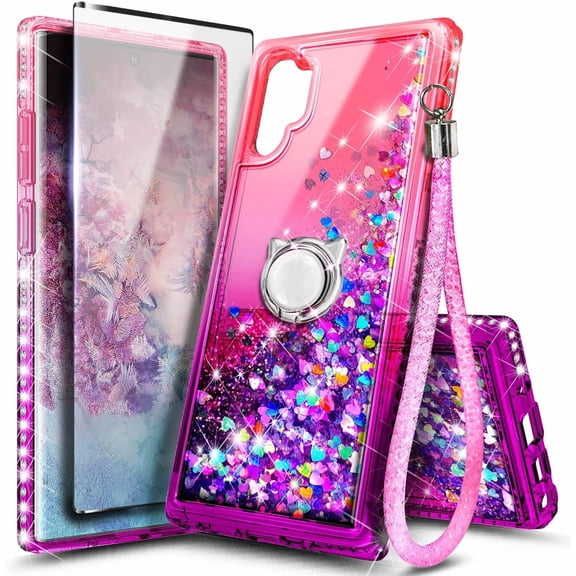 Nagebee Case for Samsung Galaxy Note 10+ Plus 5G with Screen Protector (Soft Full Coverage), Sparkle Glitter Liquid Bling Diamond [Ring Holder & Wrist Strap] Women Girls Case (Pink/Purple)