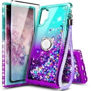 Nagebee Case for Samsung Galaxy Note 10 with Screen Protector (Soft Full Coverage), Sparkle Glitter Floating Flowing Liquid Bling [Ring Holder & Wrist Strap] Women Girls Cute Case (Aqua/Purple)
