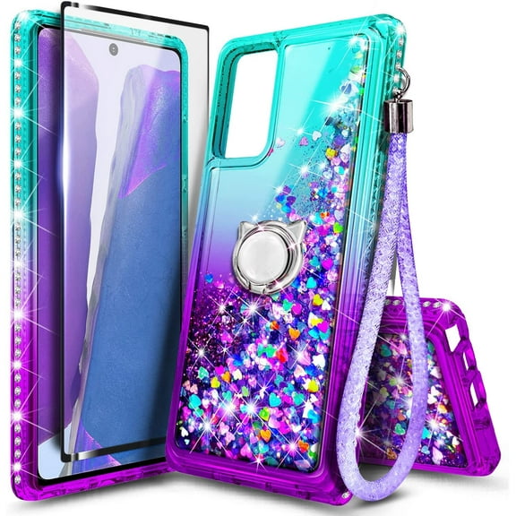 Nagebee Case for Samsung Galaxy Note 20 5G with Tempered Glass Screen Protector, Sparkle Glitter Liquid Bling [Ring Holder & Wrist Strap] Women Case (Aqua/Purple)