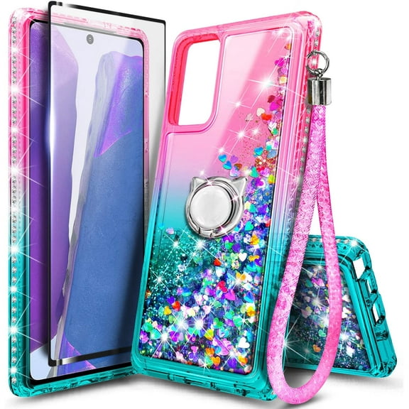 Nagebee Case for Samsung Galaxy Note 20 5G with Tempered Glass Screen Protector, Sparkle Glitter Liquid Bling [Ring Holder & Wrist Strap] Women Case (Pink/Aqua)