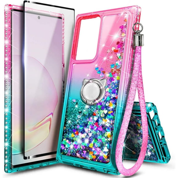 Nagebee Case for Samsung Galaxy Note 20 Ultra 5G with Screen Protector (Soft Full Coverage), Sparkle Glitter Liquid Bling [Ring Holder & Wrist Strap] Women Case (Pink/Aqua)
