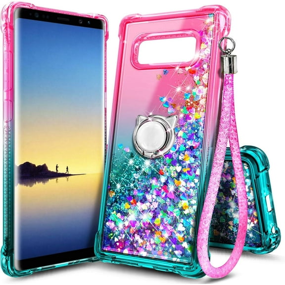 Nagebee Case for Samsung Galaxy Note 8 Case, Sparkle Glitter Liquid Bling Diamond [Ring Holder & Wrist Strap] Women Girls Cute Case (Pink/Aqua)