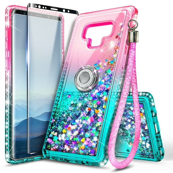 Nagebee Case for Samsung Galaxy Note 9 with Screen Protector (Soft Full Coverage), Sparkle Glitter Liquid Bling Diamond [Ring Holder & Wrist Strap] Women Girls Cute Case (Pink/Aqua)
