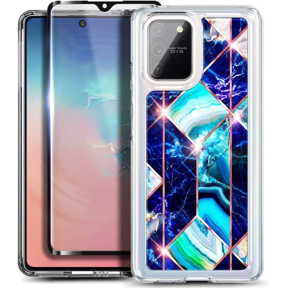 Nagebee Case for Samsung Galaxy S10 Lite, A91 with Tempered Glass Screen Protector (Full Coverage), Glossy Stylish Finish, Shockproof Protective Hybrid Bumper Case (Marble Series Blue)