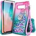 thumbnail image 1 of Nagebee Case for Samsung Galaxy S10 / S10+ Plus / S10e with Screen Protector (Soft Full Coverage), Glitter Sparkle Flowing Liquid Bling [Ring Holder & Wrist Strap] Women Cute (Pink/Aqua), 1 of 6