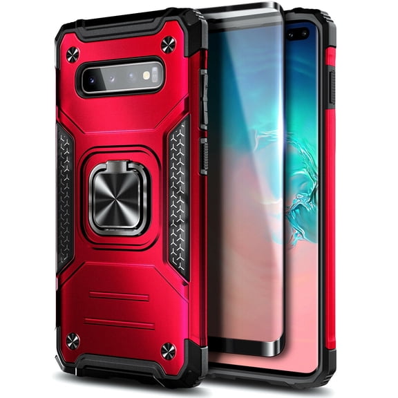 Nagebee Case for Samsung Galaxy S10 with Screen Protector (Soft Full Coverage), [Military-Grade] Full-Body Protective, Magnetic Car Mount Ring Holder, Heavy-Duty Durable Case (Red)