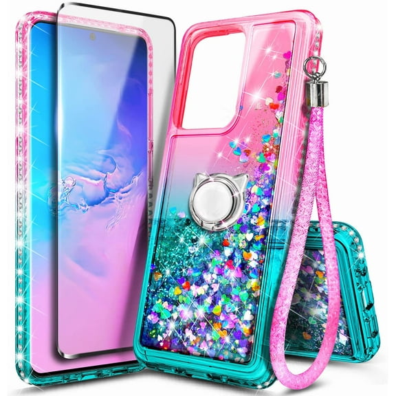 Nagebee Case for Samsung Galaxy S20 Plus, S20 Plus 5G with Screen Protector (Soft 3D Curved Full Coverage), Glitter Sparkle Liquid Bling [Ring Holder & Wrist Strap] Women Case (Pink/Aqua)