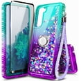 thumbnail image 1 of Nagebee Case for Samsung Galaxy S21 5G with Screen Protector (Full Coverage HD Film) Ring Holder/Wrist Strap, Girls Women Liquid Bling Sparkle Glitter Cute Phone Cover (Aqua/Purple), 1 of 7