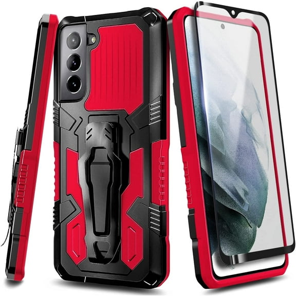 Nagebee Case for Samsung Galaxy S21 FE 5G with Tempered Glass Screen Protector (Full Coverage), Belt Clip [Built-in Kickstand], Dual Layer Full Body Shockproof Protective Rugged Defender Case (Red)