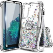 Nagebee Case for Samsung Galaxy S21 FE 5G with Tempered Glass Screen Protector (Full Coverage), Sparkle Glitter Liquid Bling Diamond [Ring Holder & Strap] Women Girls Cute Case (Gem)
