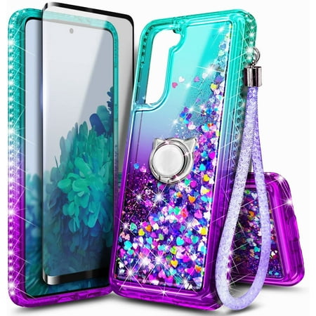 Nagebee Case for Samsung Galaxy S21+ Plus 5G with Screen Protector (Soft Full Coverage), Sparkle Glitter Flowing Liquid Bling Diamond [Ring Holder & Wrist Strap] Women Girls Cute Case (Aqua/Purple)