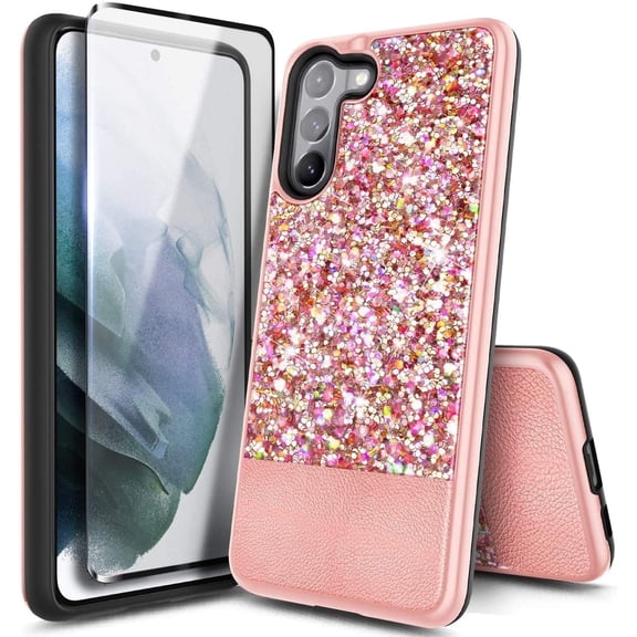 Nagebee Case for Samsung Galaxy S21 with Screen Protector (Soft Full Coverage), Glitter Sparkle Bling Leather Shockproof, Cute Women Girls Cover (Rose Gold)
