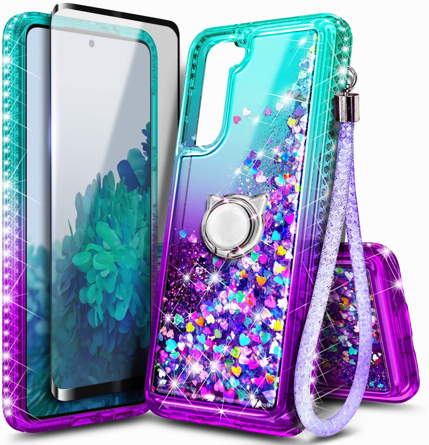 Nagebee Case for Samsung Galaxy S22 5G / S22+ Plus 5G / S22 Ultra 5G with Tempered Glass Screen Protector, Sparkle Glitter Liquid Bling Diamond [Ring Holder & Wrist Strap] Women Girls (Aqua/Purple)