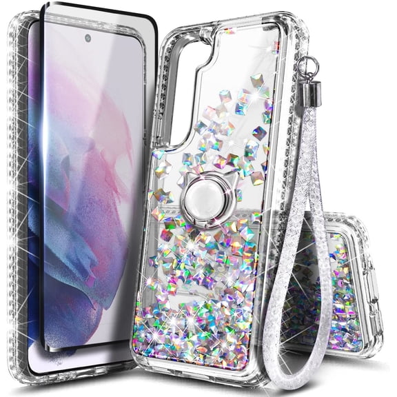 Nagebee Case for Samsung Galaxy S22 5G with Tempered Glass Screen Protector (Full Coverage), Sparkle Glitter Liquid Bling Diamond [Ring Holder & Wrist Strap] Women Girls Cute Case (Gem)