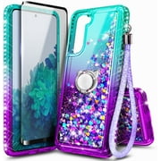 Nagebee Case for Samsung Galaxy S22+ Plus 5G with Tempered Glass Screen Protector Full Coverage, Sparkle Glitter Liquid Bling Diamond [Ring Holder & Wrist Strap] Women Girls Case Aqua/Purple