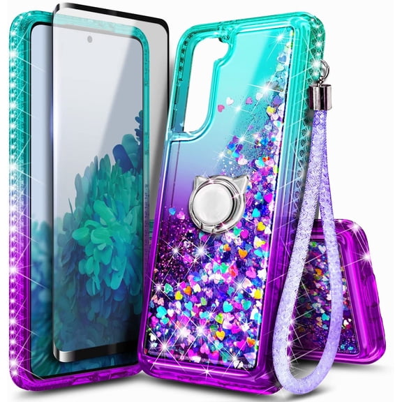 Nagebee Case for Samsung Galaxy S22+ Plus 5G with Tempered Glass Screen Protector (Full Coverage), Sparkle Glitter Liquid Bling Diamond [Ring Holder & Wrist Strap] Women Girls Case (Aqua/Purple)