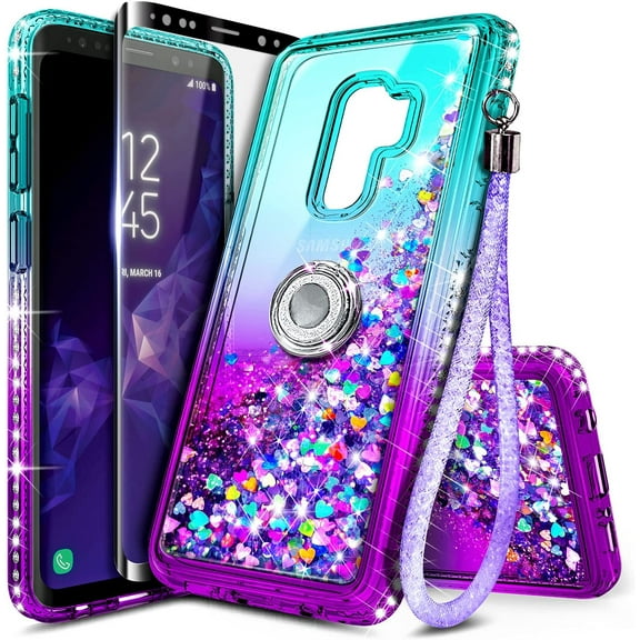 Nagebee Case for Samsung Galaxy S9 Plus with Soft Screen Protector (3D Curved Full Coverage), Sparkle Glitter Flowing Liquid Floating with Bling Diamond, Durable Girls Cute Case (Aqua/Purple)
