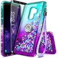 thumbnail image 1 of Nagebee Case for Samsung Galaxy S9 with Screen Protector (3D Curved Full Coverage), Glitter Sparkle Liquid Floating Diamond Bling [Ring Holder & Wrist Strap] Women Cute Case (Aqua/Purple), 1 of 6