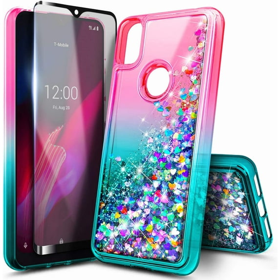 Nagebee Case for T-Mobile REVVL 4 with Tempered Glass Screen Protector (Full Coverage), Glitter Liquid Floating Waterfall Durable Girls Cute Phone Case Cover (Pink/Aqua)
