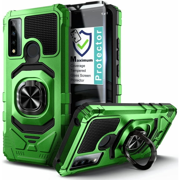 Nagebee Case for TCL 30+ Plus with Tempered Glass Screen Protector (Full Coverage), Full-Body Protective [Military-Grade], Magnetic Car Mount Ring Holder, Heavy-Duty Durable Case (Green)