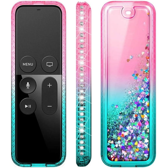 Nagebee Case for Apple TV 4K Remote, Apple TV 4th Gen, Glitter Liquid Waterfall Floating Sparkle Bling Diamond Shockproof Cover (Pink/Aqua)