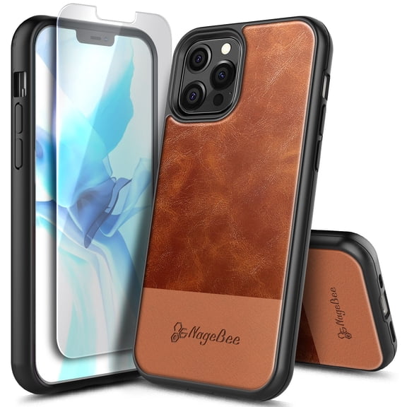 Nagebee Case for iPhone 12, iPhone 12 with Tempered Glass Screen Protector, Premium Cowhide Leather Hybrid Defender Shockproof Durable Phone Cover
