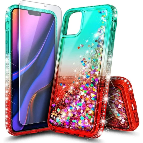 Nagebee Case for iPhone 11 Pro with Tempered Glass Screen Protector, Glitter Flowing Liquid Floating with Bling Diamond, Shockproof Durable Girls Cute Case (Green/Red)