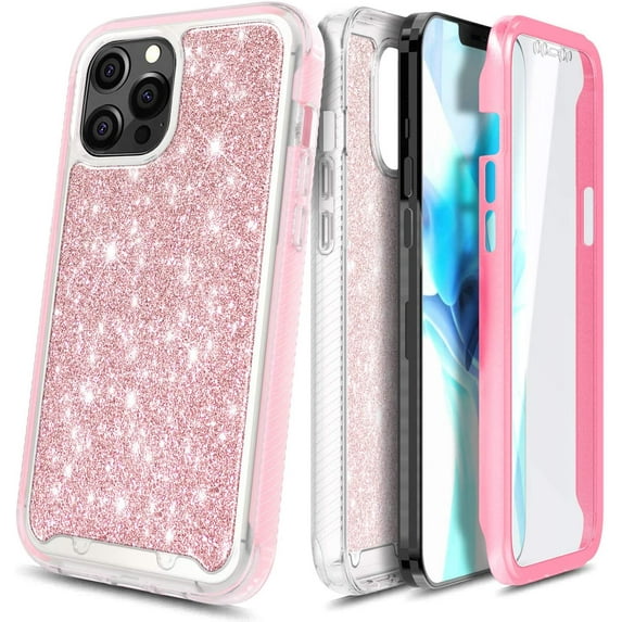 Nagebee Case for iPhone 12, iPhone 12 Pro with Built-in Screen Protector, Full-Body Protective Rugged Bumper Cover, Shockproof Durable Case (Pink Glitter)