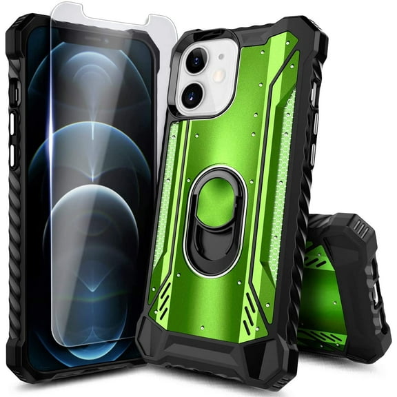Nagebee Case for iPhone 12 Mini, with Tempered Glass Screen Protector, Aluminum Metal Built-in Ring Stand, Full-Body Protective Shockproof Military Bumper Phone Cover (Green)