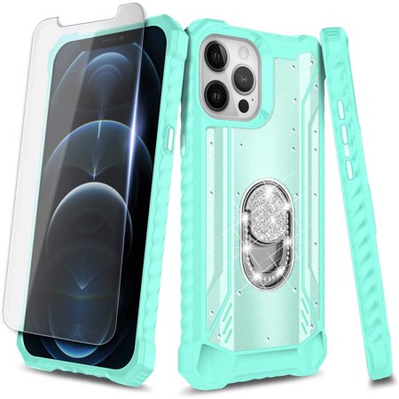 Nagebee Case for iPhone 12 Pro Max with Tempered Glass Screen Protector, Aluminum Magnetic Metal Built-in Diamond Ring Stand, Full-Body Protective Shockproof Military Phone Cover (Teal)