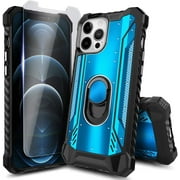 Nagebee Case for iPhone 12, iPhone 12 Pro with Tempered Glass Screen Protector, Aluminum Metal Built-in Ring Stand, Full-Body Protective Shockproof Military Bumper Phone Cover (Blue)
