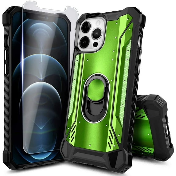 Nagebee Case for iPhone 12, iPhone 12 Pro with Tempered Glass Screen Protector, Aluminum Metal Built-in Ring Stand, Full-Body Protective Shockproof Military Bumper Phone Cover (Green)