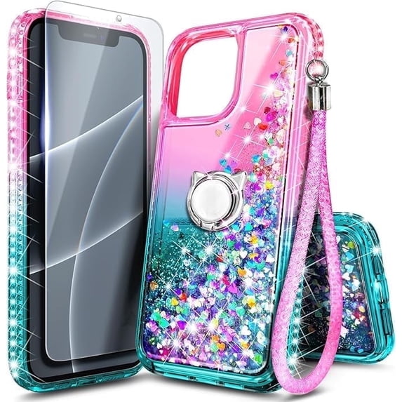 NGB SUPREMACY For iPhone 12/12 Pro Phone Case Screen Protector Ring Holder Wrist Strap Lanyard Shiny Sparkly Glitter iPhone 12/12 Pro Case Cover