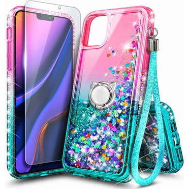 Nagebee Case for iPhone 12, iPhone 12 Pro with Tempered Glass Screen Protector, Sparkle Glitter Liquid Bling Diamond [Ring Holder & Wrist Strap] Women Girls Cute Case (Pink/Aqua)