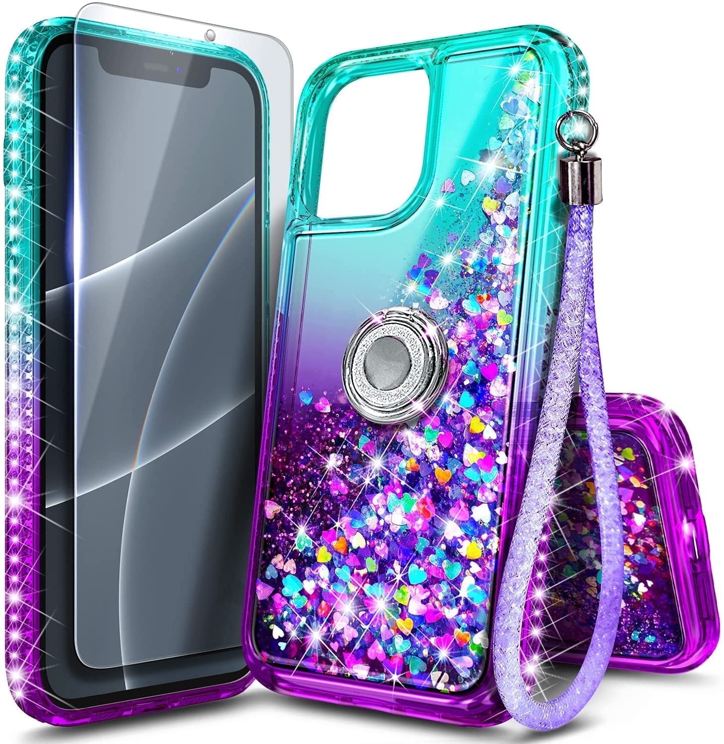 NGB SUPREMACY For iPhone 13 Pro Phone Case Screen Protector Ring Holder Wrist Strap Lanyard Shiny Sparkly Glitter iPhone 13 Pro Case Cover