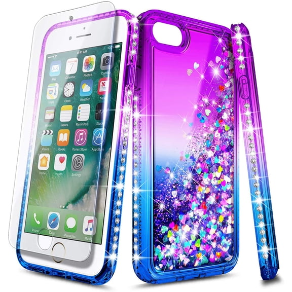 Nagebee Case for iPhone 6S Plus, iPhone 6 Plus with Tempered Glass Screen Protector, Glitter Liquid Waterfall Floating Durable Girls Women Kids Cute Phone Case (Purple/Blue)