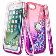 Nagebee Case for iPhone 8 Plus, 7 Plus / 6 Plus / 6S Plus with Tempered Glass Screen Protector, Sparkle Glitter Liquid Bling Diamond [Ring Holder & Wrist Strap] Women Girls Cute Case (Pink/Purple)