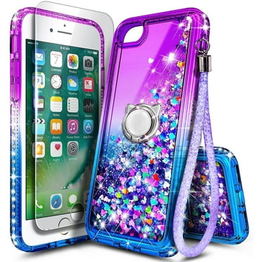 Nagebee Case for iPhone SE 3 5G 2022, iPhone SE 2 2020, iPhone 8 7 6S 6 with Tempered Glass Screen Protector, Glitter Liquid Bling Diamond, [Ring Holder & Wrist Strap] Case (Purple/Blue)