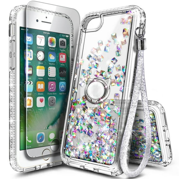 Nagebee Case for iPhone SE 3 5G 2022, iPhone SE 2 2020, iPhone 8 7 6S 6 with Tempered Glass Screen Protector, Glitter Liquid Bling Diamond, [Ring Holder & Wrist Strap] Case (Gem)