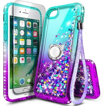 Nagebee Case for iPhone SE 3 5G 2022, iPhone SE 2 2020, iPhone 8 7 6S 6 with Tempered Glass Screen Protector, Glitter Liquid Bling Diamond, [Ring Holder & Wrist Strap] Case (Aqua/Purple)