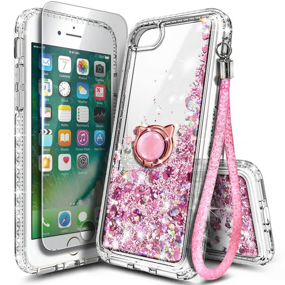 NGB SUPREMACY For iPhone 6/6S/7/8/SE 2nd Gen(2020)/SE 3rd Gen(2022) Screen Protector Ring Holder Wrist Strap Lanyard Shiny Sparkly Glitter iP 6/6s/7/8/SE 2nd/SE 3rd Case Cover