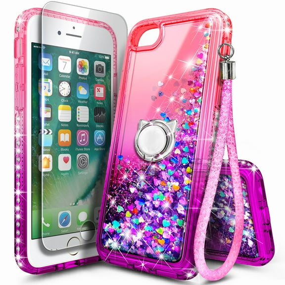 NGB SUPREMACY For iPhone 6/6S/7/8/SE 2nd Gen(2020)/SE 3rd Gen(2022) Screen Protector Ring Holder Wrist Strap Lanyard Shiny Sparkly Glitter iP 6/6s/7/8/SE 2nd/SE 3rd Case Cover