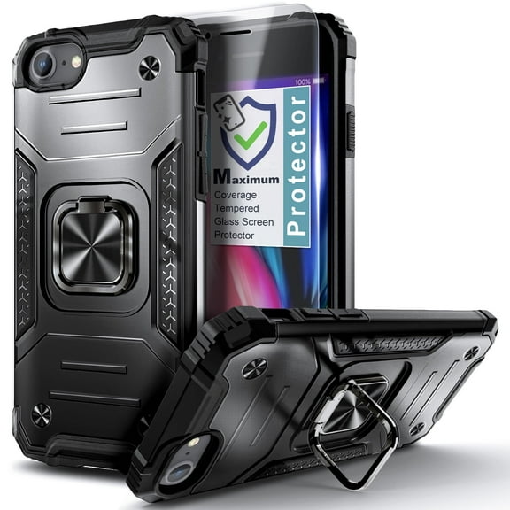 Nagebee Case for iPhone SE 3 5G 2022, iPhone SE 2 2020, iPhone 8 7 6S 6 with Tempered Glass Screen Protector, [Military-Grade] Full-Body Protective, Car Mount Ring Holder, Heavy-Duty Case (Black)