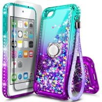 Nagebee Case for iPod Touch 7th 6th 5th Generation, iPod Touch 7 6 5 Gen with Screen Protector, Liquid Glitter Floating Bling Diamond [Ring Holder & Wrist Strap] Women Girls (Aqua/Purple)